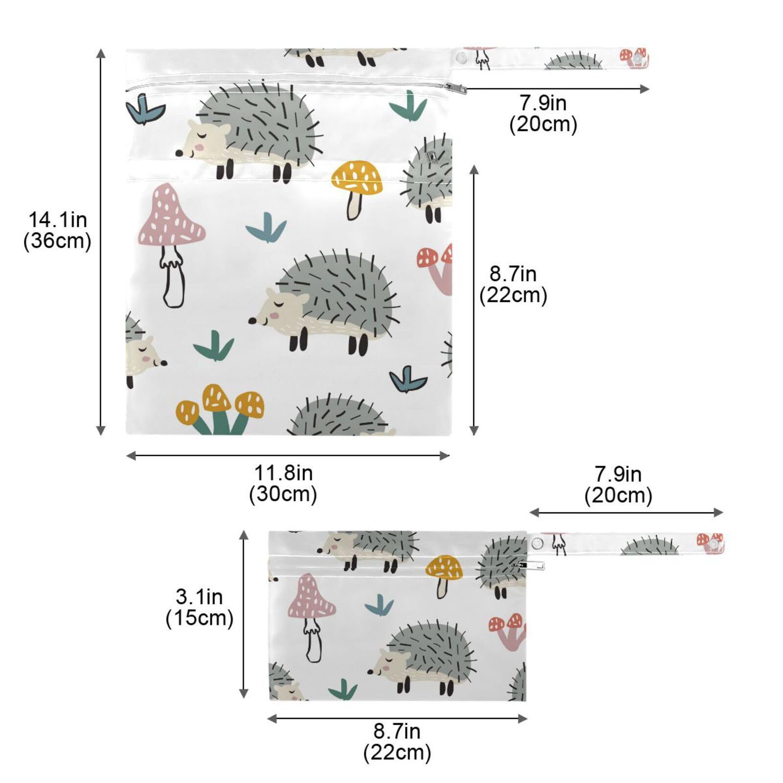 susiyo Cloth Diaper Wet Dry Bags Childish Cute Hedgehog Mushrooms Waterproof Reusable Wet Bags with Two Zippered Pockets Baby Stroller Travel Beach Pool Gym Bag for Dirty Clothes Wet Swimsuits 2 Pack