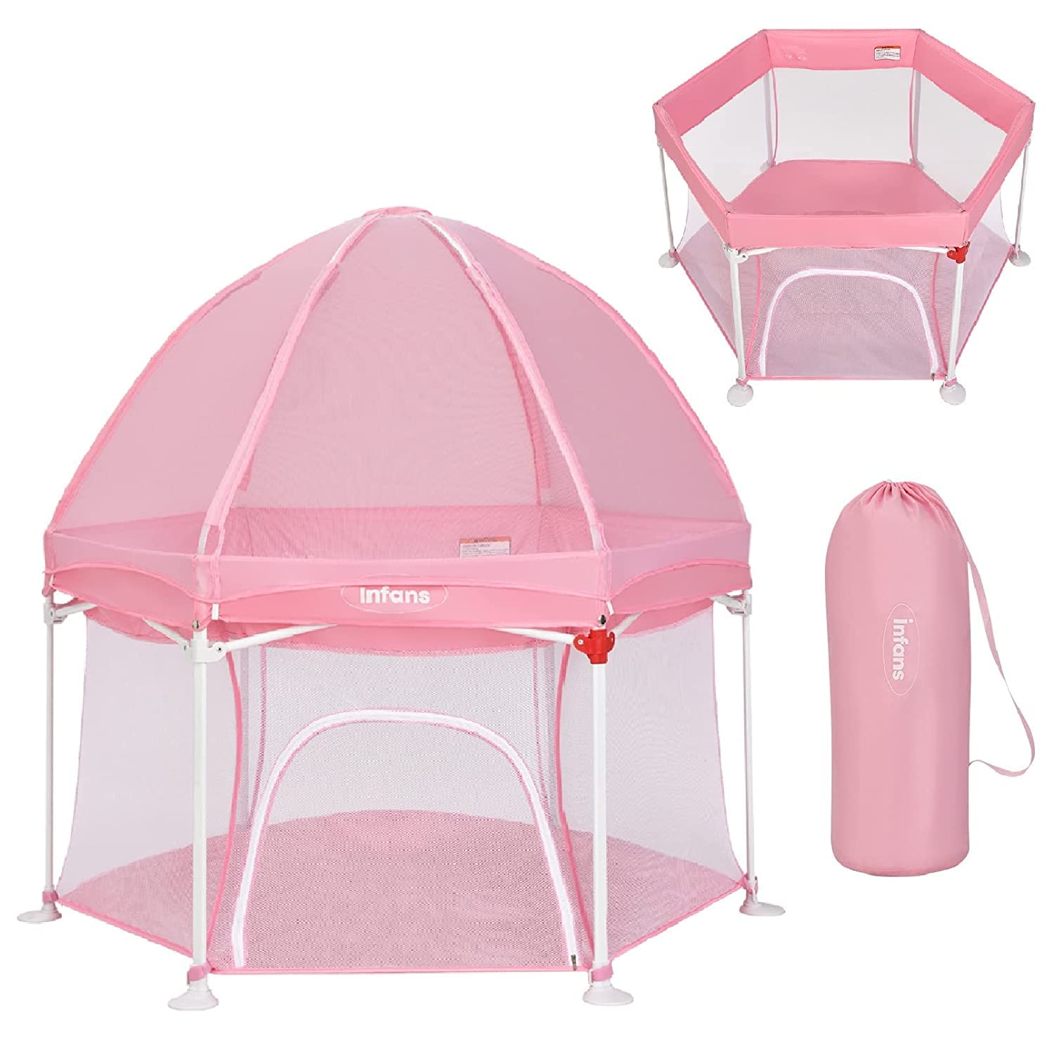 INFANS Baby Playpen with Removable Mesh & UV Canopy, 53" Portable Playhouse with Carry Bag, Dome, Padded Floor, Easy Folding Playard Activity Center (Light Pink)