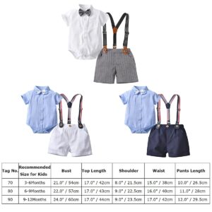 IDOPIP Baptism Outfits for Boys Baby Clothes Gentleman Formal Suit Set Bowtie Romper + Suspenders Shorts Pants 4PCS First Birthday Party Wedding Tuxedo Outfits for Cake Smash White + Gray 9-12 Months