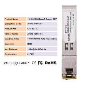 1000BASE-T Gigabit SFP to RJ45, 1G SFP to Ethernet Copper Transceivers Compatible for Arista SFP-1G-TL, up to 100m