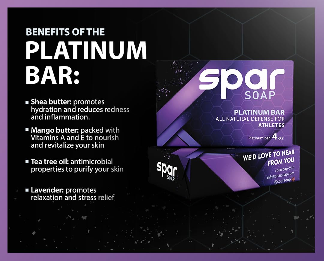 Spar Soap Platinum Bar (4 Ounce), Lavender Tea Tree, Antifungal Properties, For BJJ, MMA, Wrestlers, Grapplers, Men/Women, USA Made Body Soap, For Body Odor, With Lavender, Cassia, Clove