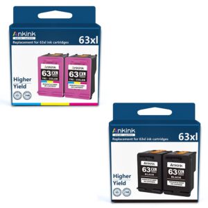 ankink higher yield 63xl ink cartridge 2 black and 2 color combo pack for hp ink 63 xl officejet 3830 4650 4652 4655 5200 5252 5255 5258 envy 4520 4512 deskjet 1112 2132 3630 3632 printer hp63