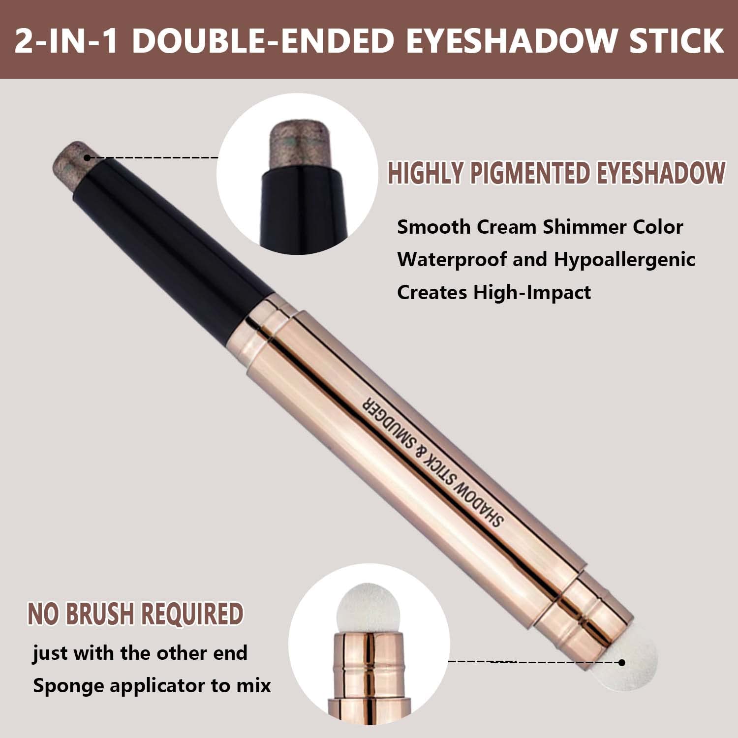 2 in 1 Cocoa Brown Eyeshadow Sticks and Sponge Makeup Brush Silky Cream Glitter Eyeshadow Pencil Single Crayon Long Lasting Waterproof Eyeshadow Highlighter Stick Pen(Thriving brown shimmer 07#)