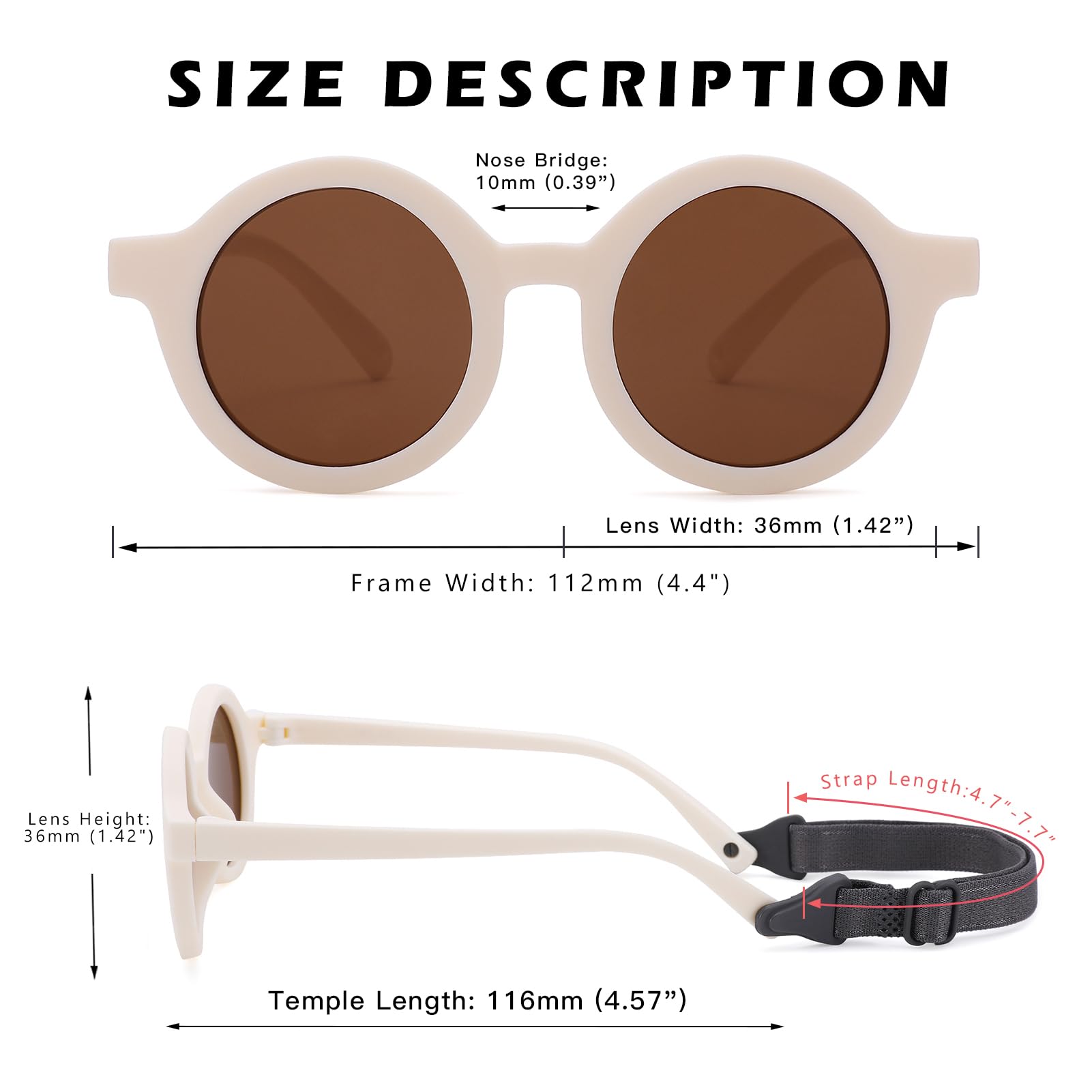 COASION Baby Polarized Round Sunglasses Flexible Rubber Shades with Strap for Toddler Newborn Infant Ages 0-24 Months (White/Brown)