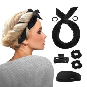 heatless extra long 61" velour curling ribbon kit for women - no heat cotton overnight curls headband soft curling rod you can sleep in (black)