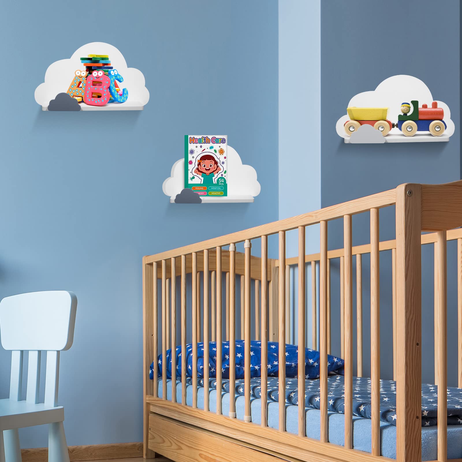 TopKai Set of 3 Cloud Shelves for Kids’ Room – Wooden Floating Wall Shelf Cloud Decorations, Floating Book Shelves for Baby Room Décor or Nursery, Stylish & Easy to Install