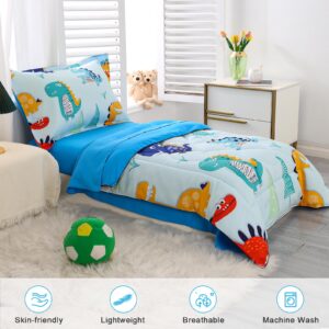 Wowelife 4 Pieces Toddler Bedding Sets for Boys Blue Toddler Bed Sheets Sets Kids Dino Toddler Comforter Set Soft Breathable with Quilted Comforter, Flat Sheet, Fitted Sheet and Pillowcase, Dinosaur