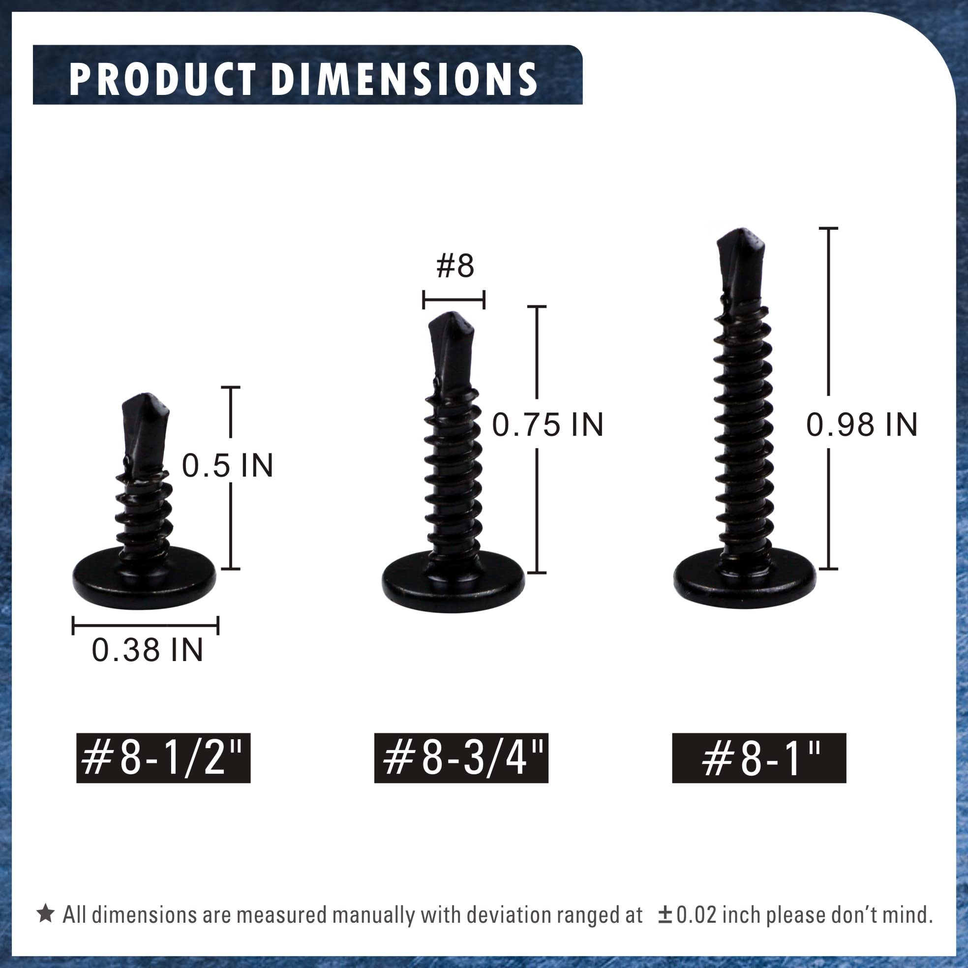 410 Stainless Steel #8 Self Drilling TEK Screw Assortment Kit, Hex Washer Head & Modified Truss Head, Self Tapping Sheet Metal Screws, Length 1/2" 3/4" 1" 150 PCS - Black Oxide