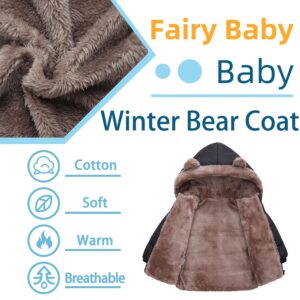 Baby Boys Girls Winter Coat Cute Bear Ear Hooded Jacket Warm Fleece Outerwear Windproof Zipper Infant Toddler Black 12-18M