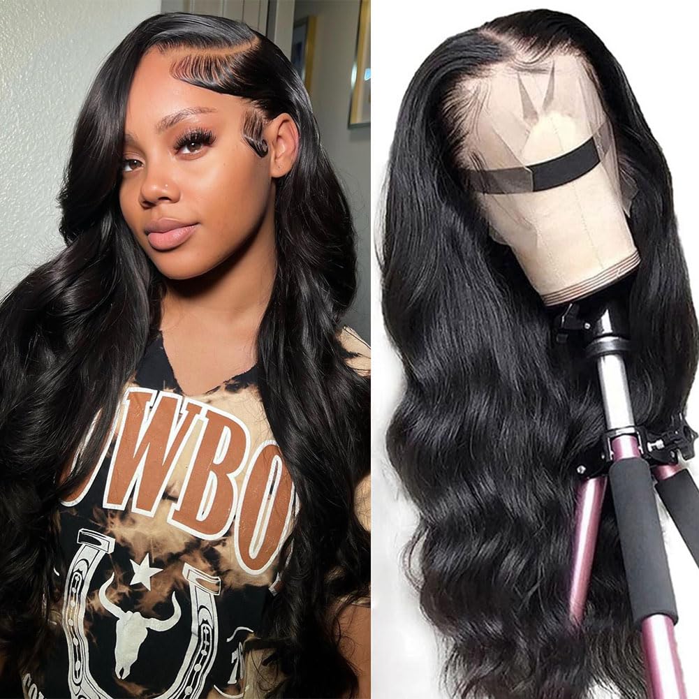 Body Wave Lace Front Wigs Human Hair Pre Plucked 13x4 HD Transparent Lace Frontal Wig with Baby Hair 180% Density Brazilian Virgin Human Hair Lace Front Wigs for Women Natural Black 22inch