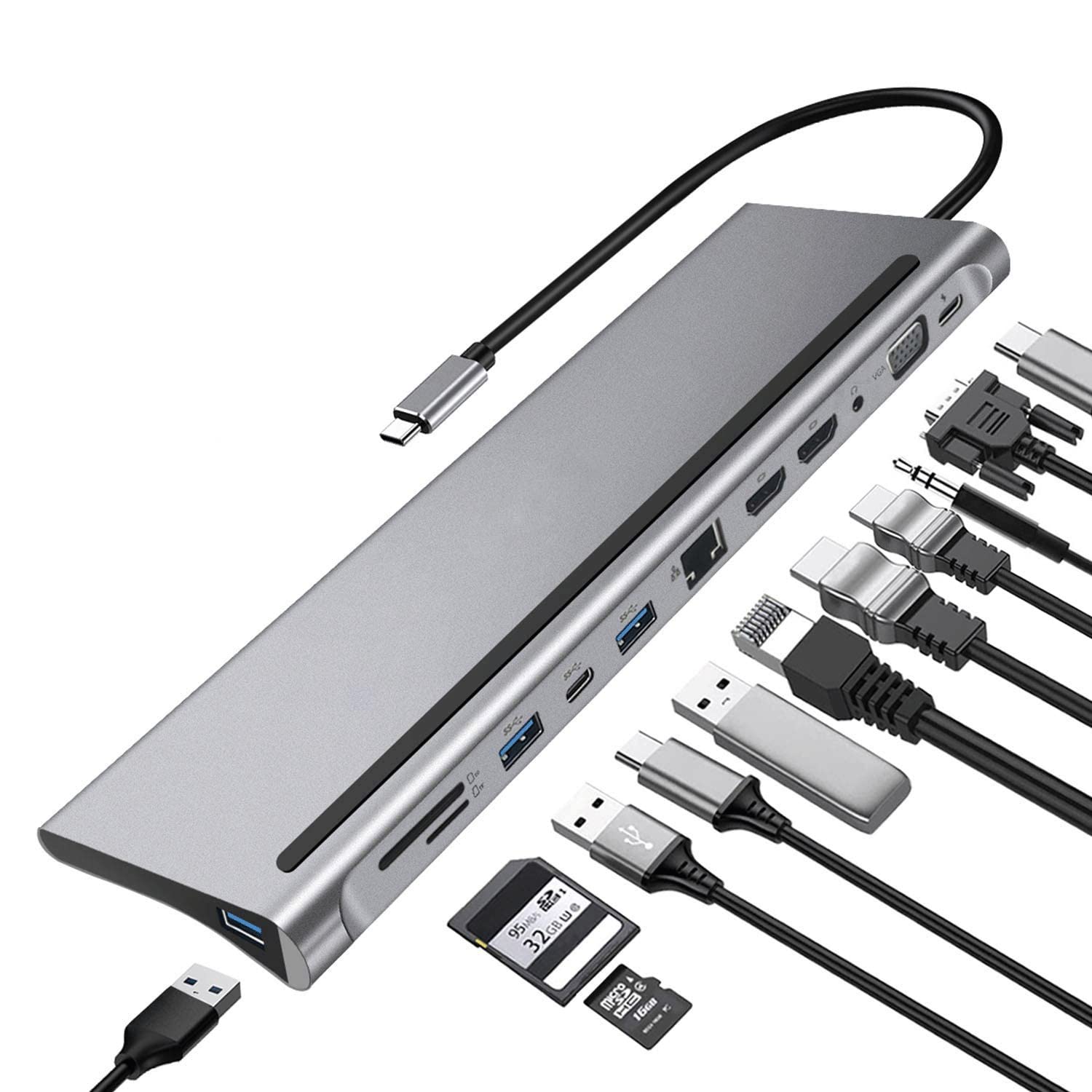 Sxdthy USB Hub,12 in 1 USB C Hub Laptop Docking Station Type-C to Dual HDMI-Compatible/VGA/USB 3.0 Hub/PD/RJ/Micro-SD/TF,Compatible with PC, Mac, Printer