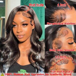 Body Wave Lace Front Wigs Human Hair Pre Plucked 13x4 HD Transparent Lace Frontal Wig with Baby Hair 180% Density Brazilian Virgin Human Hair Lace Front Wigs for Women Natural Black 22inch