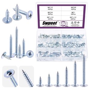 swpeet 180pcs 6 sizes #8 x 1/2", 5/8", 3/4", 1", 1-1/4", 1-1/2" phillips modified truss head wood screws assortment kit, blue white zinc alloy carbon steel standard self tapping sheet metal screws