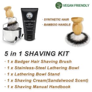 KIKC 5 in 1 Odorless Shaving Kit, Set Include Hand Crafted Synthetic Hair Bristle Shave Brush, Stainless Steel Lathering Bowl, Shave Brush Stand, Shaving Cream, Shave Manual, Best Gift for BeardedMan