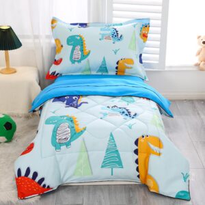 wowelife 4 pieces toddler bedding sets for boys blue toddler bed sheets sets kids dino toddler comforter set soft breathable with quilted comforter, flat sheet, fitted sheet and pillowcase, dinosaur