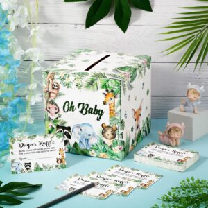 51 Pcs Woodland Baby Shower Card Box and Advice Cards, Diaper Raffle Game Box Tickets Jungle Theme Card Box Forest Raffle Box Baby Shower Decorations for Birthday, Gender Reveal Party Supplies