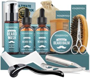 beard kit,beard grooming kit w/straight razor,2 pack beard oil,beard wash,balm,brush,comb,scissors mens birthday christmas gifts for men boyfriend husband beard shaping shaving kit