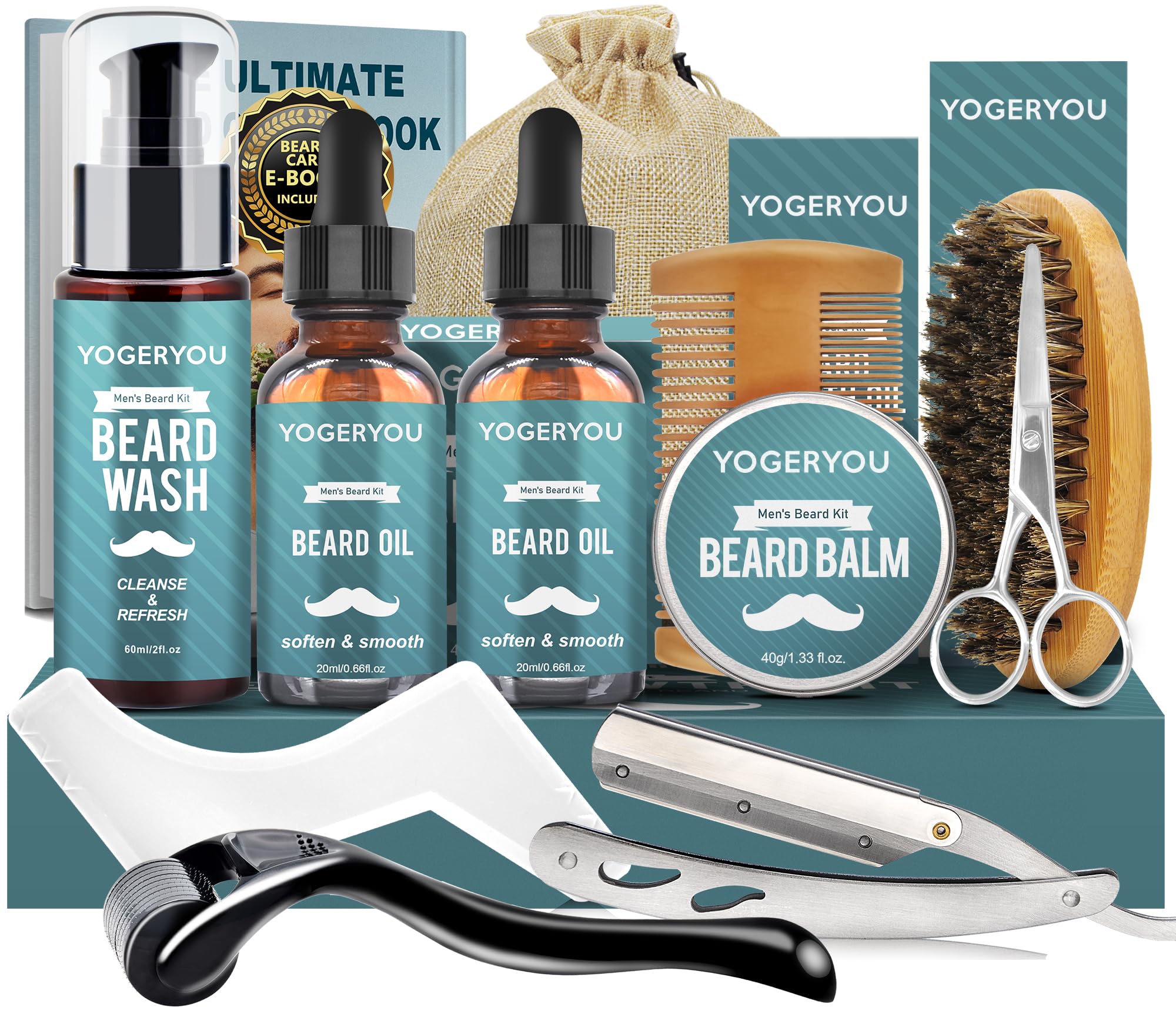 Beard Kit,Beard Grooming Kit W/Straight Razor,2 PACK Beard Oil,Beard Wash,Balm,Brush,Comb,Scissors Mens Birthday Christmas Gifts for Men Boyfriend Husband Beard Shaping Shaving Kit