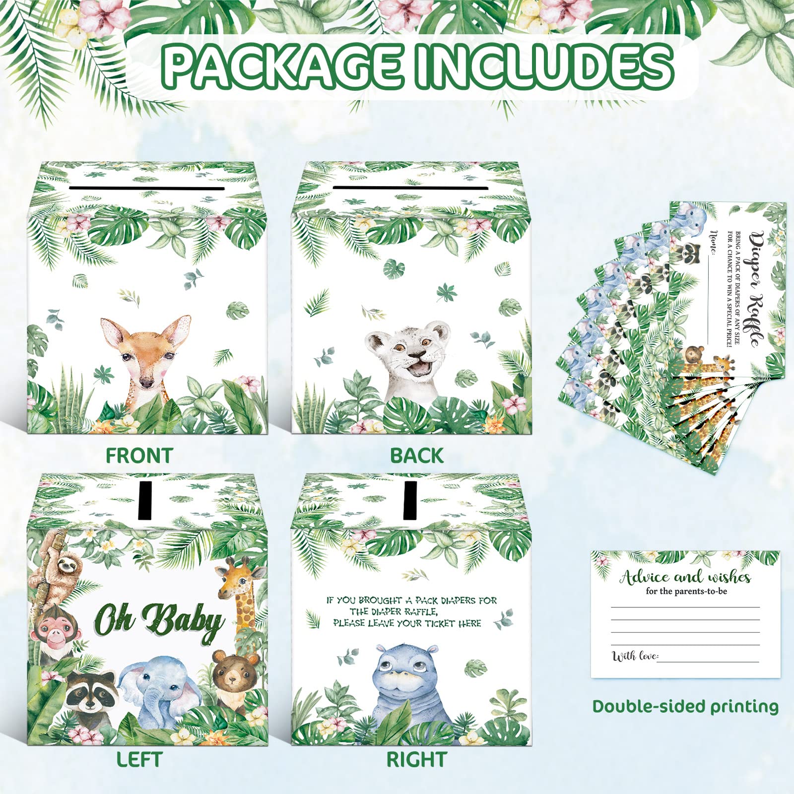 51 Pcs Woodland Baby Shower Card Box and Advice Cards, Diaper Raffle Game Box Tickets Jungle Theme Card Box Forest Raffle Box Baby Shower Decorations for Birthday, Gender Reveal Party Supplies