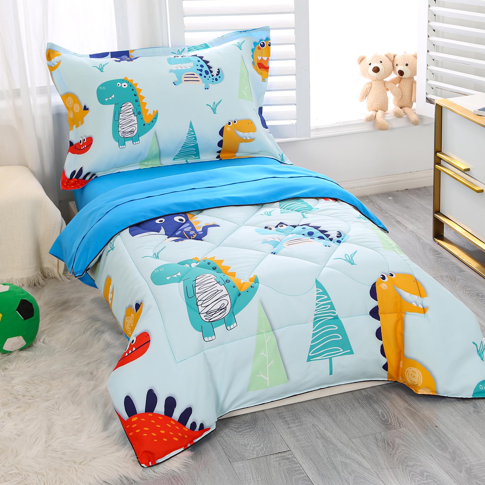 Wowelife 4 Pieces Toddler Bedding Sets for Boys Blue Toddler Bed Sheets Sets Kids Dino Toddler Comforter Set Soft Breathable with Quilted Comforter, Flat Sheet, Fitted Sheet and Pillowcase, Dinosaur