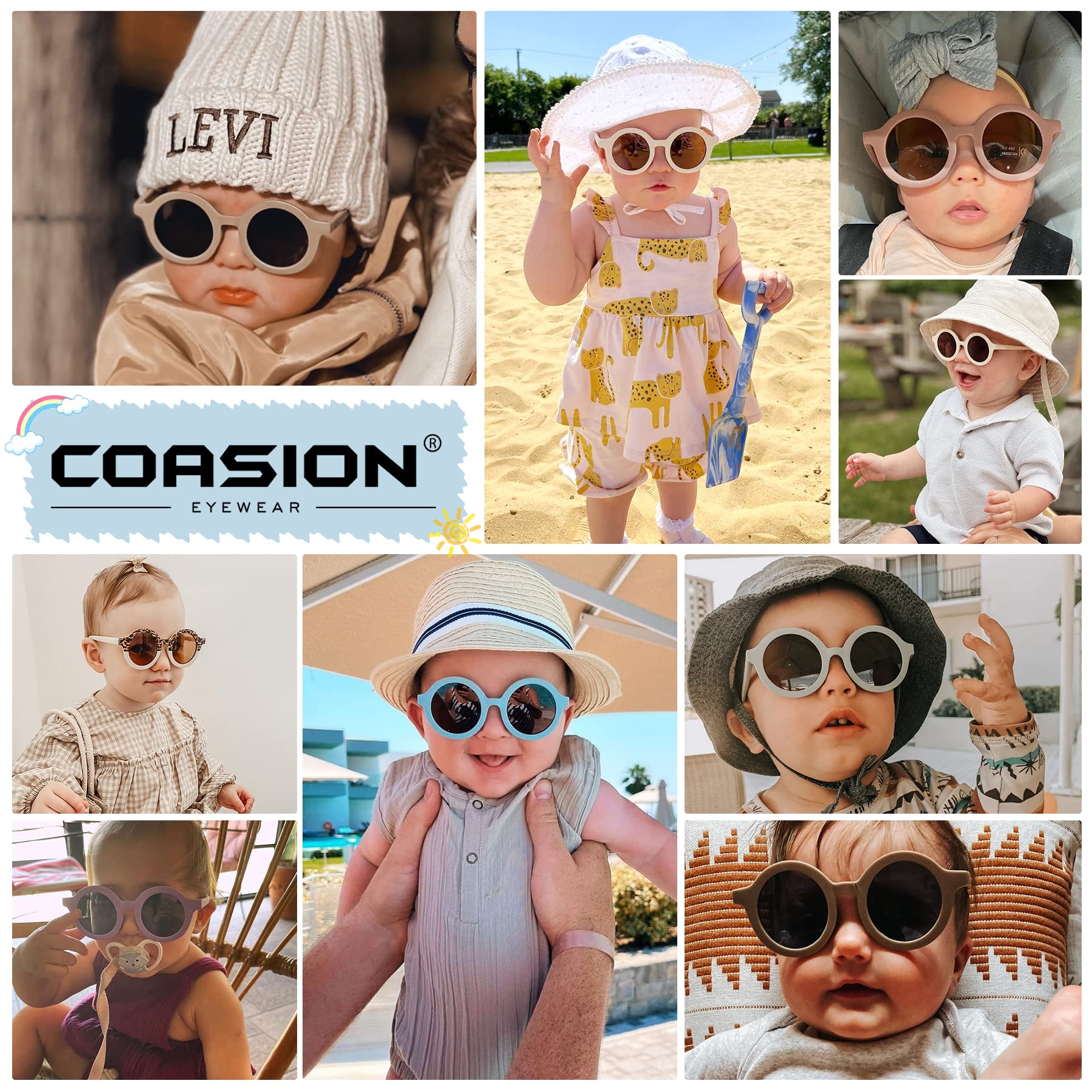 COASION Baby Polarized Round Sunglasses Flexible Rubber Shades with Strap for Toddler Newborn Infant Ages 0-24 Months (White/Brown)