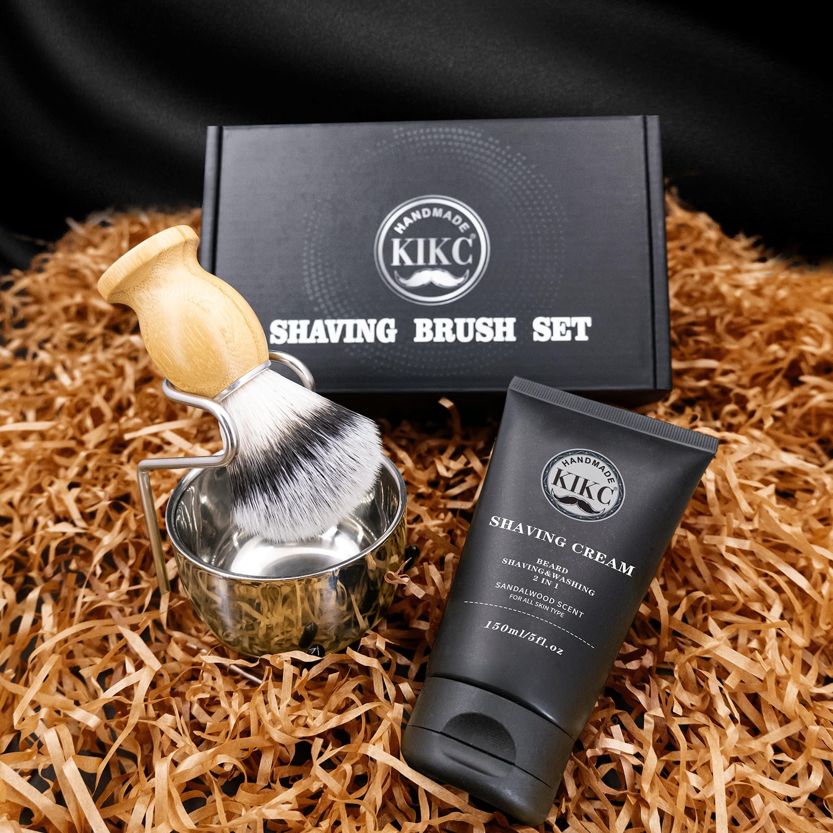 KIKC 5 in 1 Odorless Shaving Kit, Set Include Hand Crafted Synthetic Hair Bristle Shave Brush, Stainless Steel Lathering Bowl, Shave Brush Stand, Shaving Cream, Shave Manual, Best Gift for BeardedMan