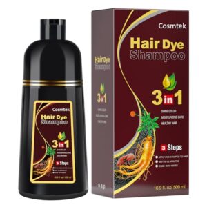 cosmtek dark brown hair dye shampoo for gray hair, semi-permanent hair color shampoo for women and men, herbal ingredients, 3 in 1-100% grey coverage, 17.6 fl oz (pack of 1)