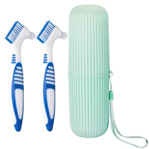 anbbas 2pcs double bristle head denture brush dental cleaning brush with portable toothbrush cup holder, properly clean oral appliance