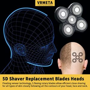 VRMETA Men's Electric Shaver Replacement Heads 5D Sharp Stainless Steel Head Shaver Replacement Heads Floating Shaver Blades for Electric Rotary Shaver (5 Heads (Black)