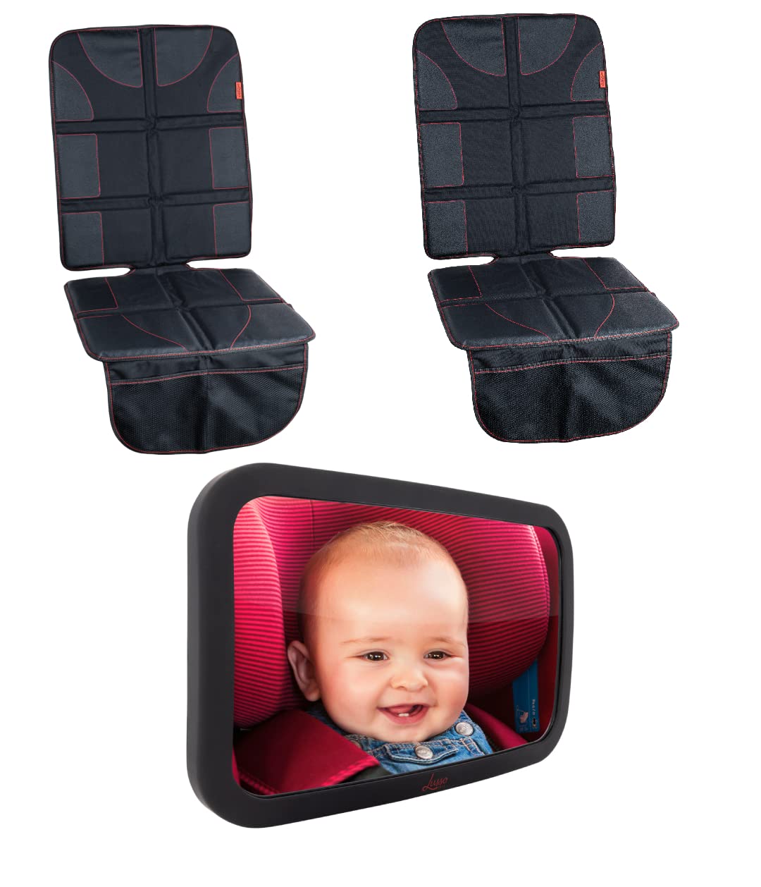 Lusso Gear 2 Pack of Car Seat Protectors (Black w/Red) + Baby Backseat Mirror for Car (Black), Waterproof, Protects Fabric or Leather Seats, Premium Oxford Fabric, Travel Essentials