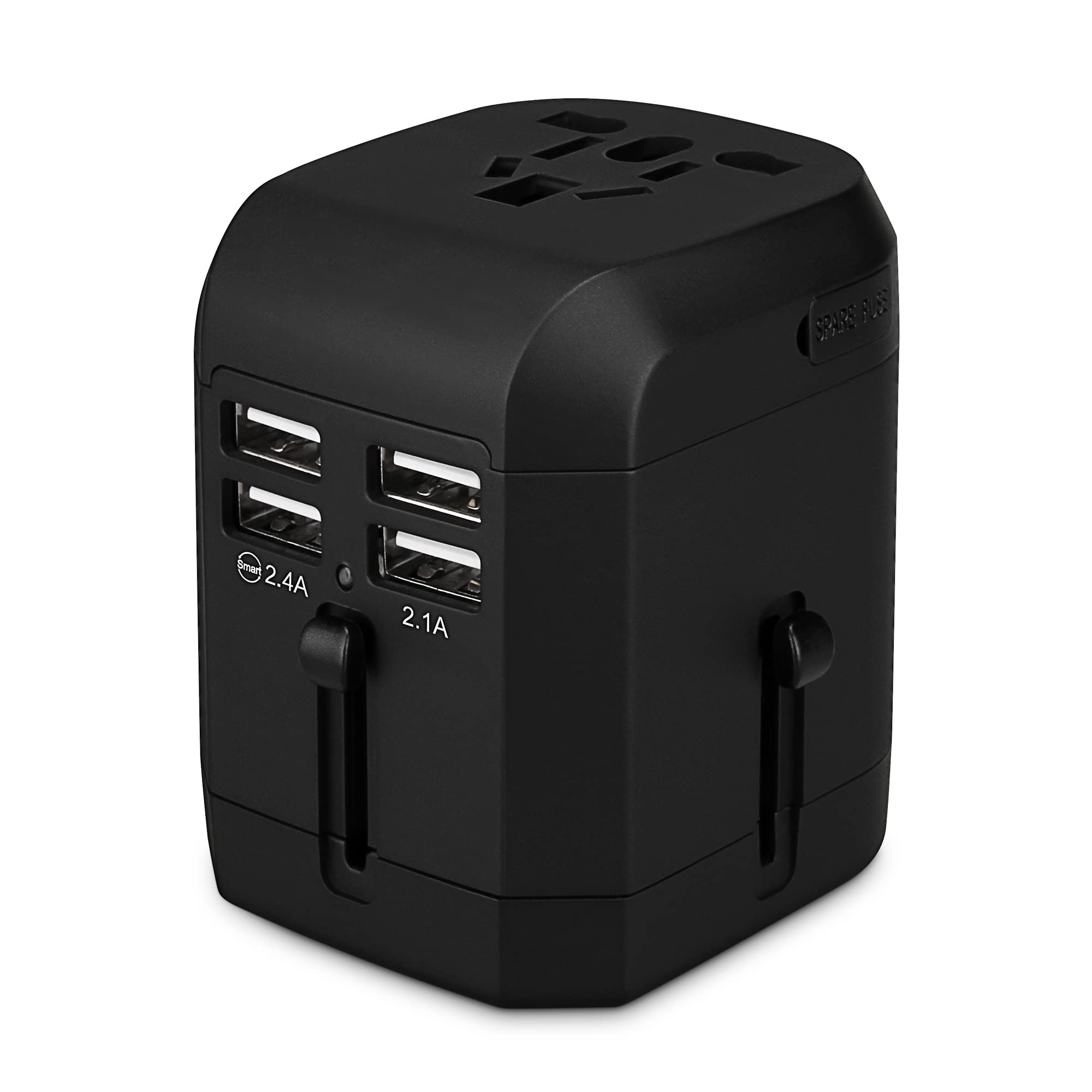 Worldwide 4 USB Travel Adapter AC Plug Adaptor Universal Travel Adapter Charging Ports Wall Charger AC Power with Safety Fused All in One Adapter for USA EU UK AUS Cell Phone Laptop (Black-4USB)