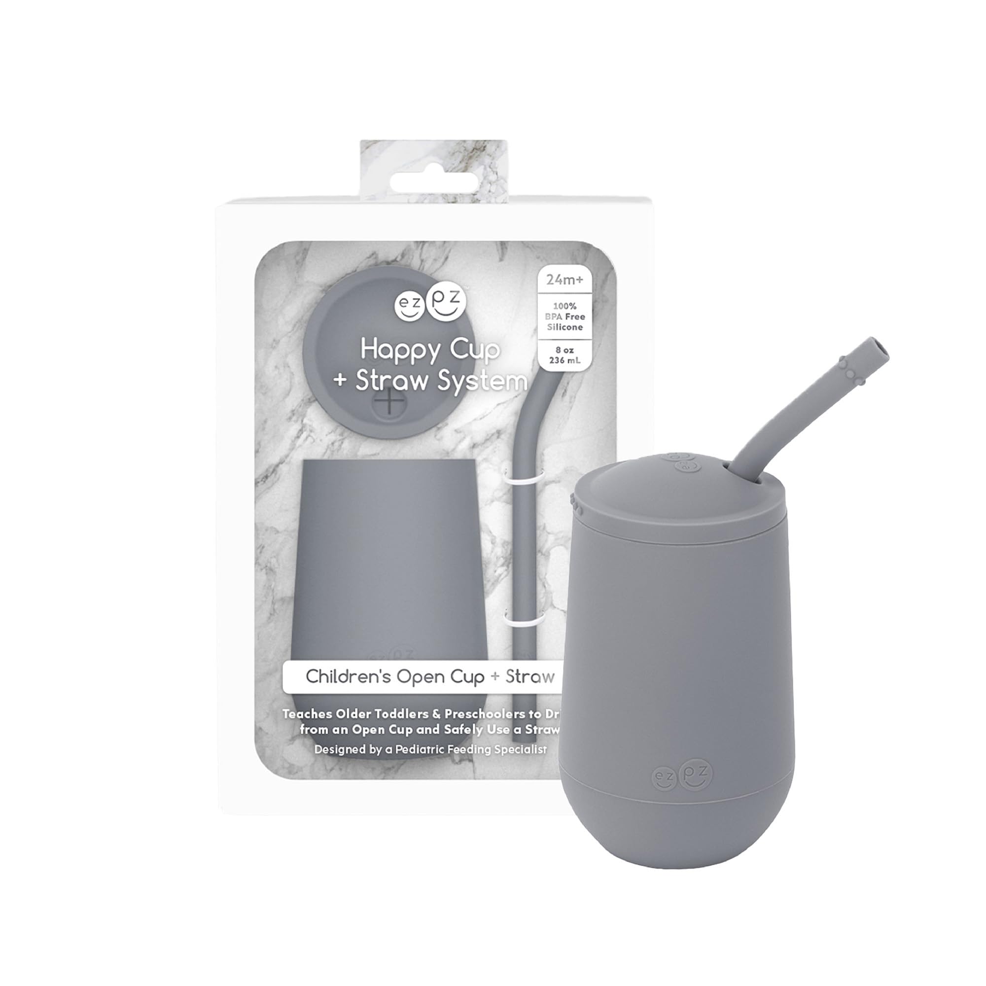 ezpz Happy Cup + Straw System - 24 months+ (Gray) - 100% Silicone Cup + Straw for Older Toddler + Preschoolers