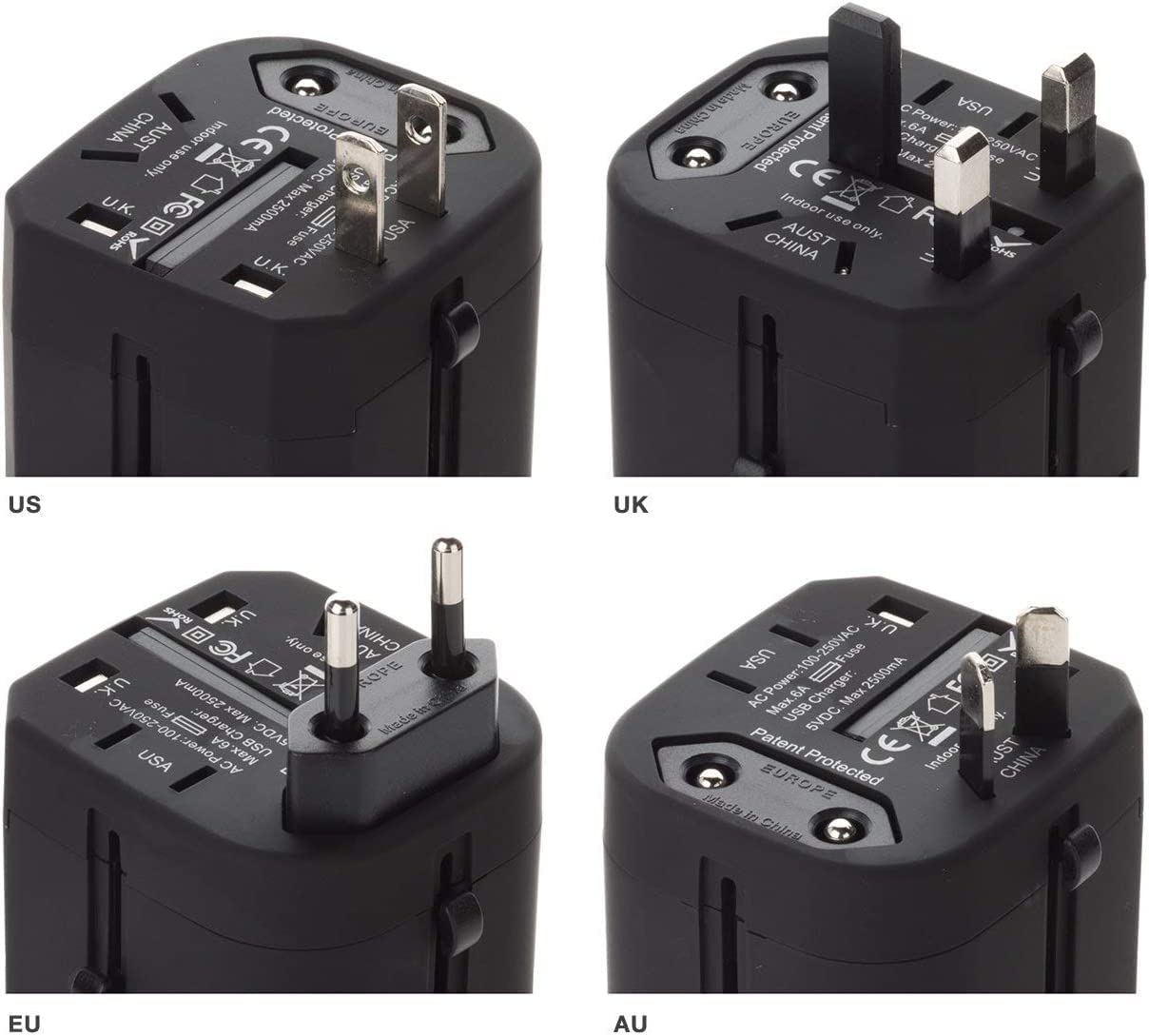 Worldwide 4 USB Travel Adapter AC Plug Adaptor Universal Travel Adapter Charging Ports Wall Charger AC Power with Safety Fused All in One Adapter for USA EU UK AUS Cell Phone Laptop (Black-4USB)