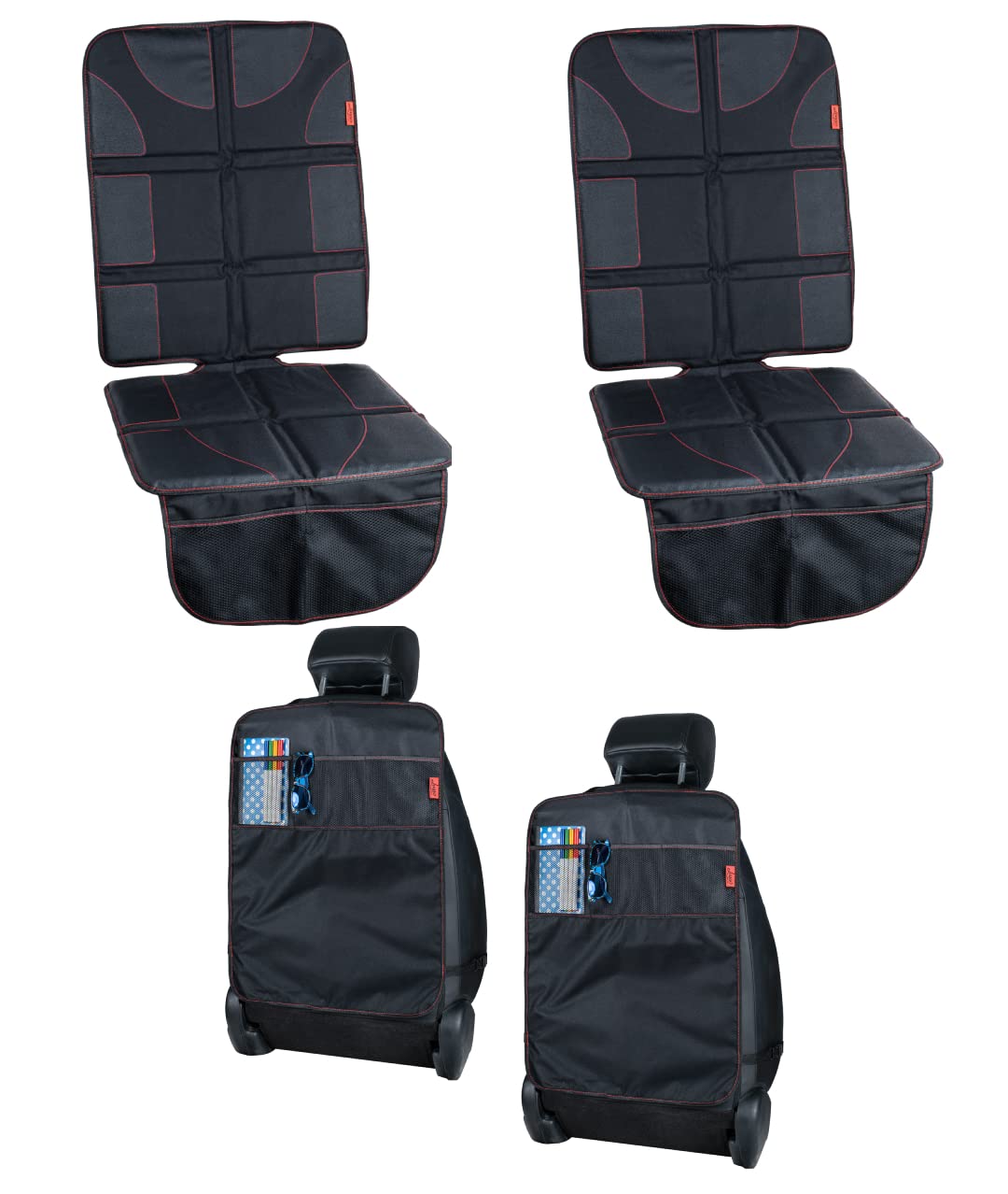 Lusso Gear Two Pack of Car Seat Protector (Black w/Red) + Two Pack of Heavy Duty Kick Mats (Black w/Red), Waterproof, Protects Fabric or Leather Seats, Premium Oxford Fabric, Travel Essentials