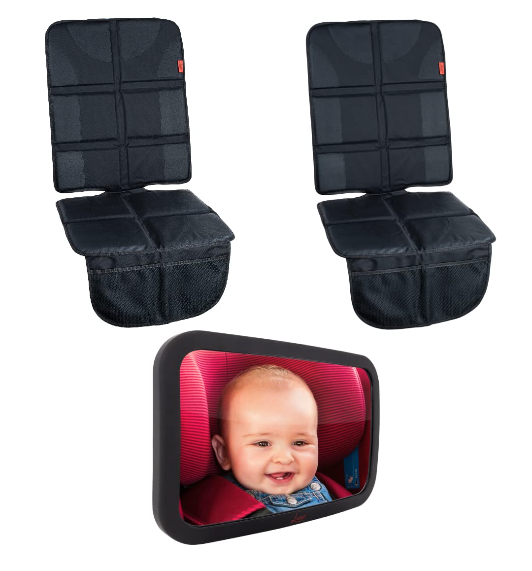 Lusso Gear 2 Pack of Car Seat Protectors (Black) + Baby Backseat Mirror for Car (Black), Waterproof, Protects Fabric or Leather Seats, Premium Oxford Fabric, Travel Essentials