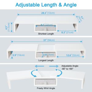 TEAMIX White Dual Monitor Stand Riser with Drawer - Length and Angle Adjustable Double Corner Desk Shelf Organizer 37 inch Long for 2 Laptop/PC/Screen/TV