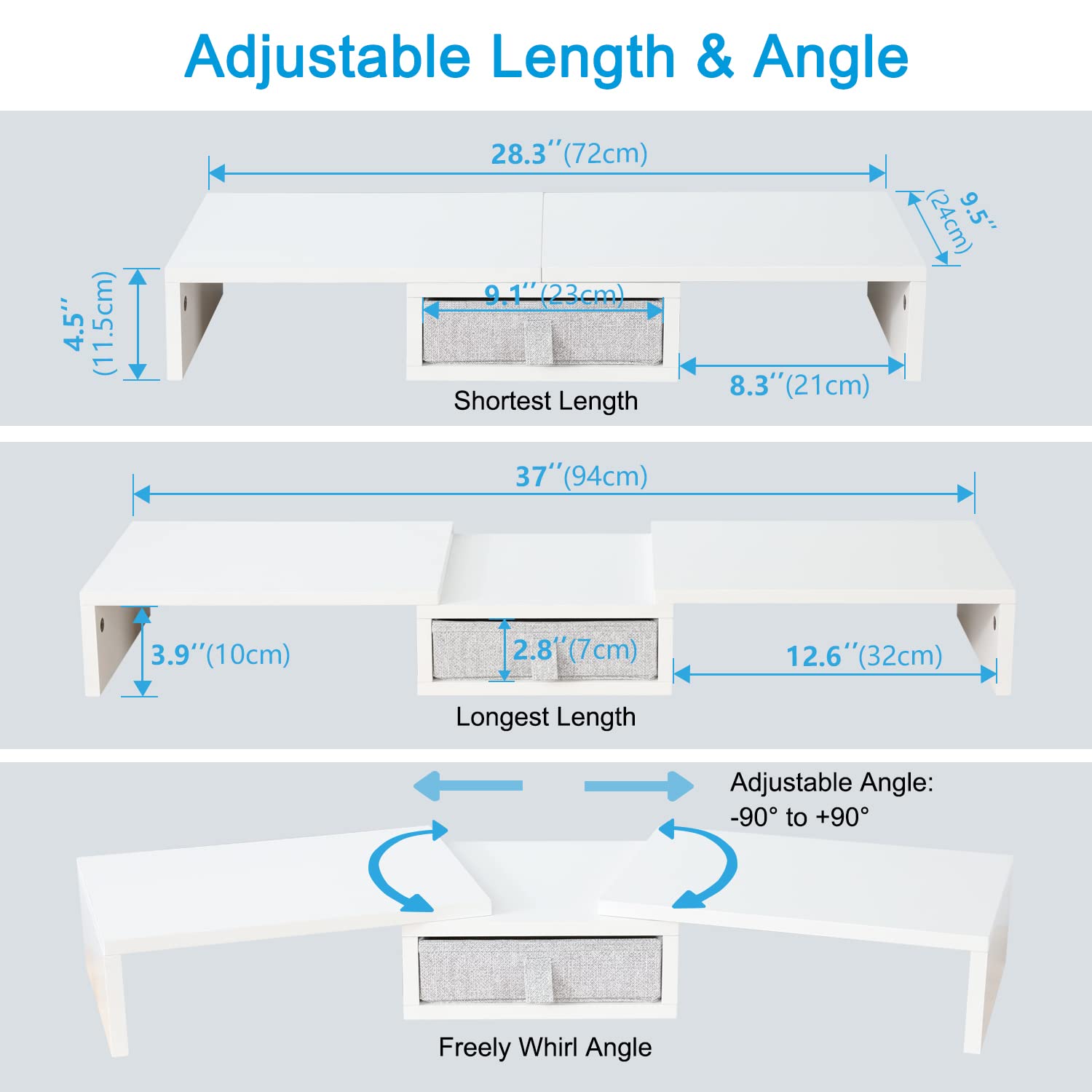 TEAMIX White Dual Monitor Stand Riser with Drawer - Length and Angle Adjustable Double Corner Desk Shelf Organizer 37 inch Long for 2 Laptop/PC/Screen/TV