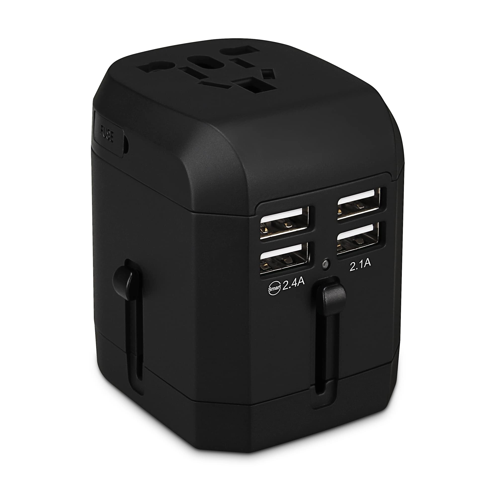 Worldwide 4 USB Travel Adapter AC Plug Adaptor Universal Travel Adapter Charging Ports Wall Charger AC Power with Safety Fused All in One Adapter for USA EU UK AUS Cell Phone Laptop (Black-4USB)