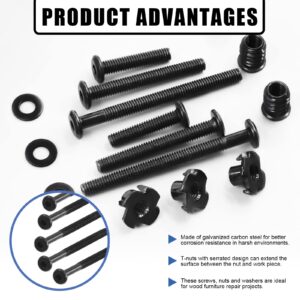 Glarks 107Pcs M6x30/50/70mm Black Hex Socket Cap Screws Bolts & M6 Threaded Inserts T-Nuts Assortment Kit with Flat Washers and Hex Wrench for Wood Furniture Fasteners