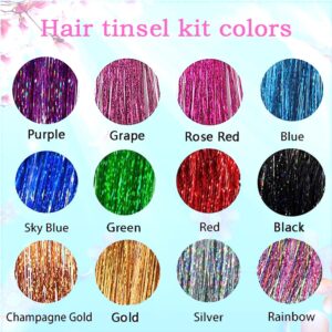 Fairy Hair Tinsel Kit with Tools 48 Inch Heat Resistant Safe 12 Colors Glitter Tinsel Hair Extensions 3200 strands (12 Colors, 3200 Strands)