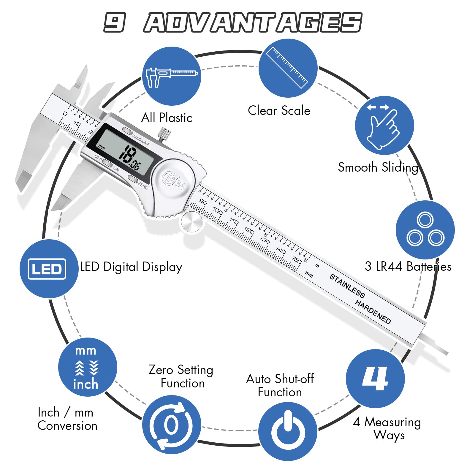 Simhevn Electronic Digital Calipers, inch and Millimeter Conversion,LCD Screen displays 0-6" Caliper Measuring Tool, Automatic Shutdown, Suitable for DIY/Jewelry Measurement (150mm inch/mm/Fraction)