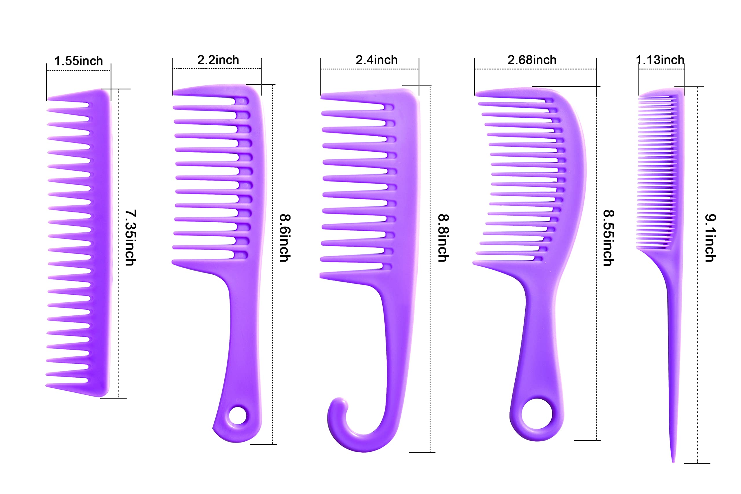 5 Pcs Hair Comb Set, Wide Tooth Detangling Comb,Large Shower Comb with Hook，Fine Tooth Rat Tail Comb Professional Styling, No Handle Women Brush For Curly, Wet, Dry, Long and Thick Hair.