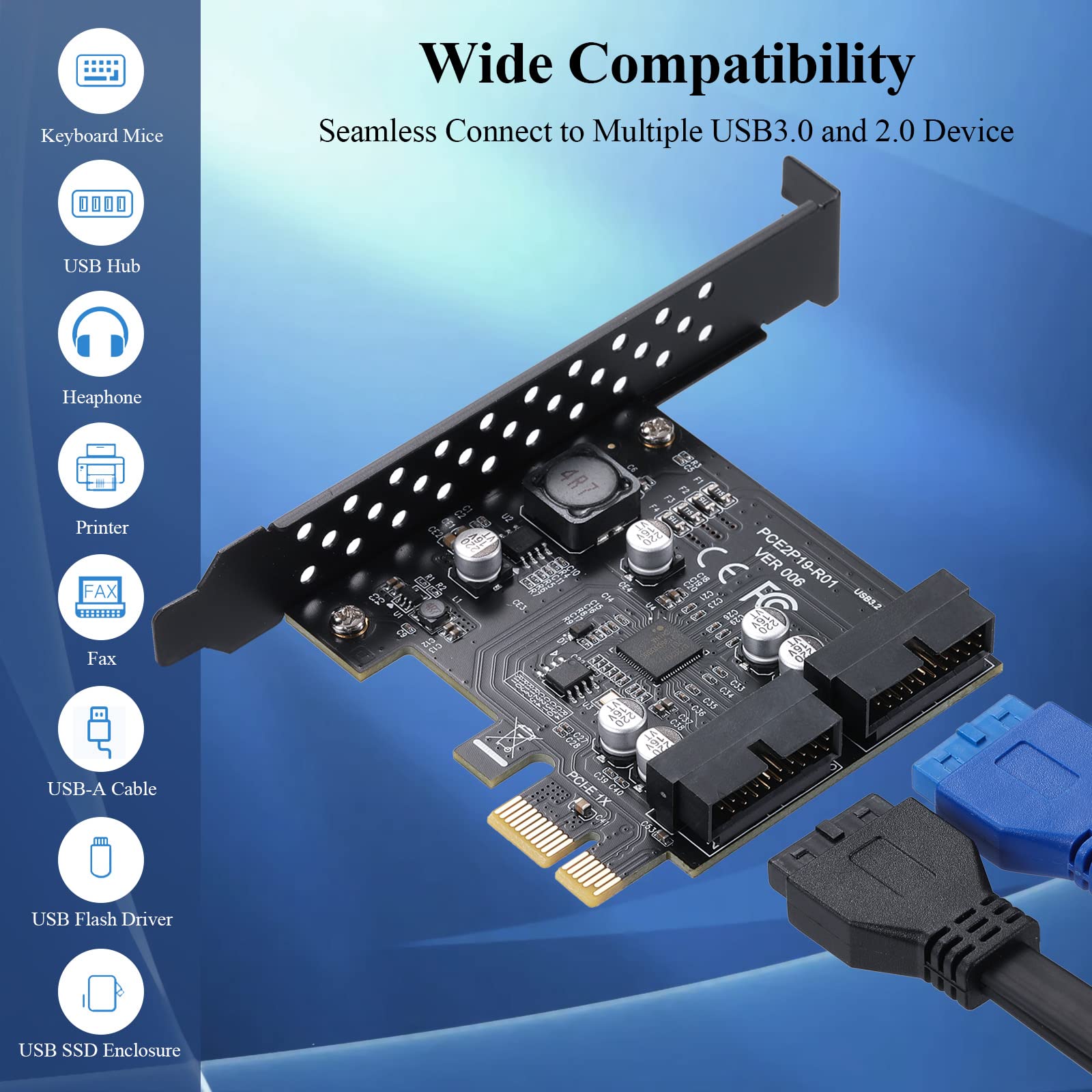 BEYIMEI PCIE 1X to 2 Port 19Pin Expansion Card, USB 3.2 GEN1 Super Speed 5Gbps PCI Express Card for Windows 11, 10, 8.1, 8, 7, XP