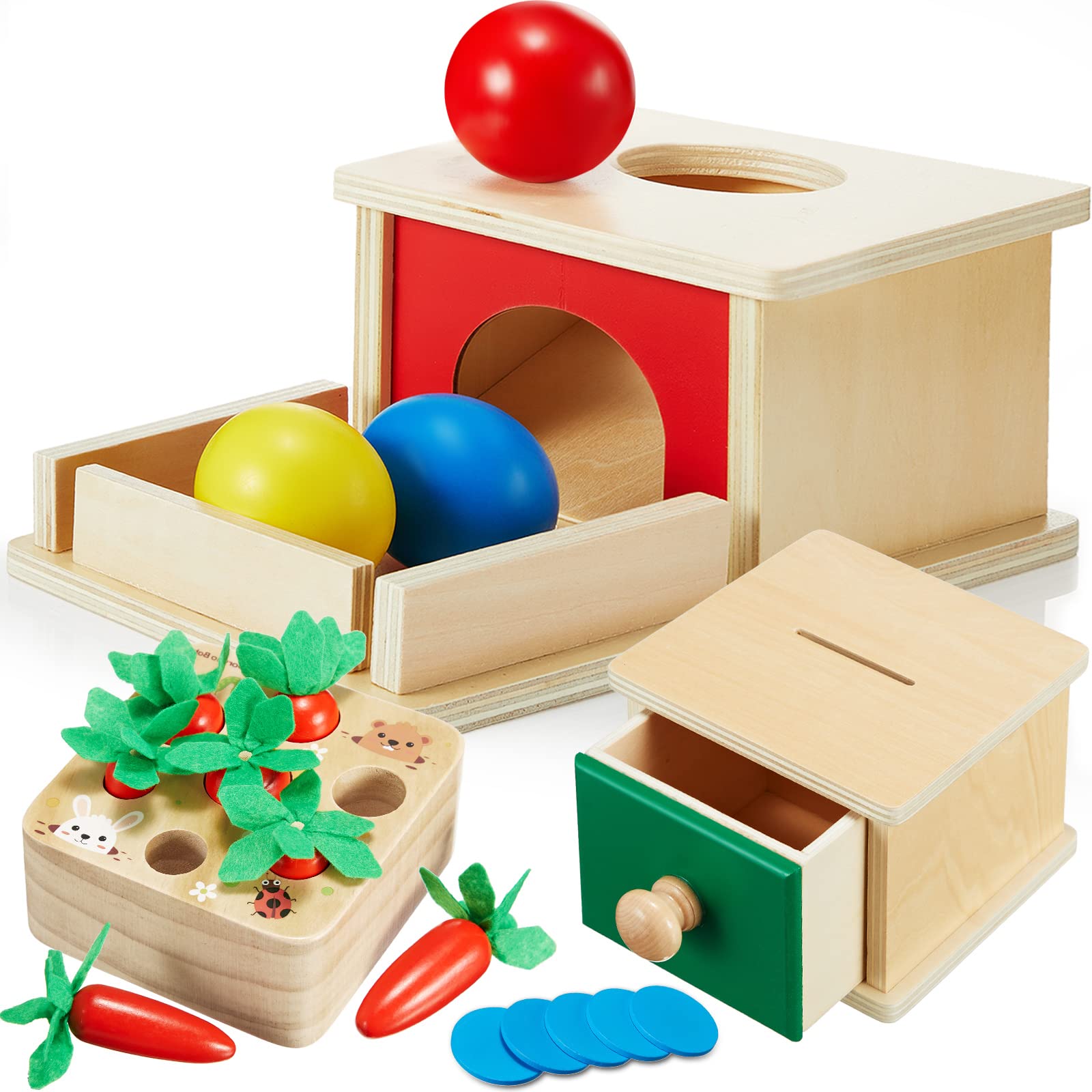 Yunsailing 3 Set Montessori Toys Object Permanence Box with Tray Three Balls Coin Box with Five Coins Carrots Harvest Developmental Game Wooden Toys Montessori Baby Toys for Infant