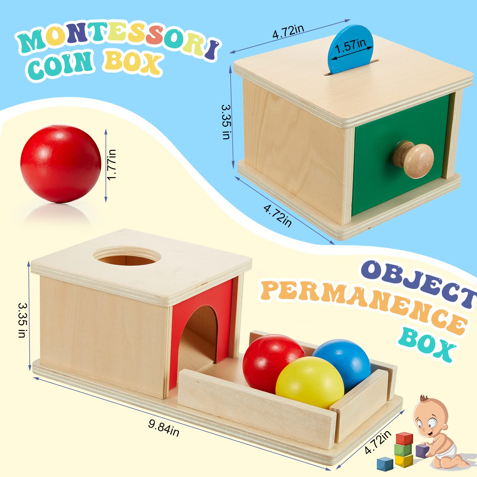 Yunsailing 3 Set Montessori Toys Object Permanence Box with Tray Three Balls Coin Box with Five Coins Carrots Harvest Developmental Game Wooden Toys Montessori Baby Toys for Infant