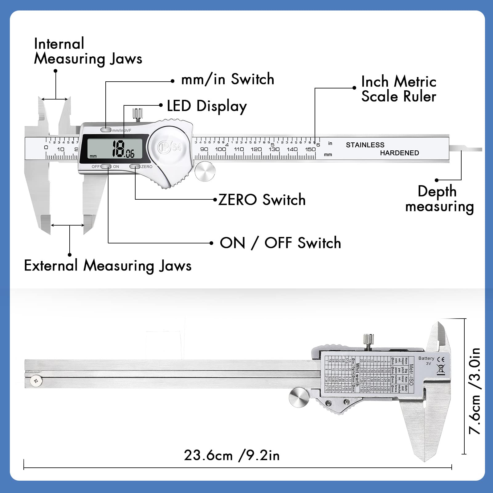 Simhevn Electronic Digital Calipers, inch and Millimeter Conversion,LCD Screen displays 0-6" Caliper Measuring Tool, Automatic Shutdown, Suitable for DIY/Jewelry Measurement (150mm inch/mm/Fraction)