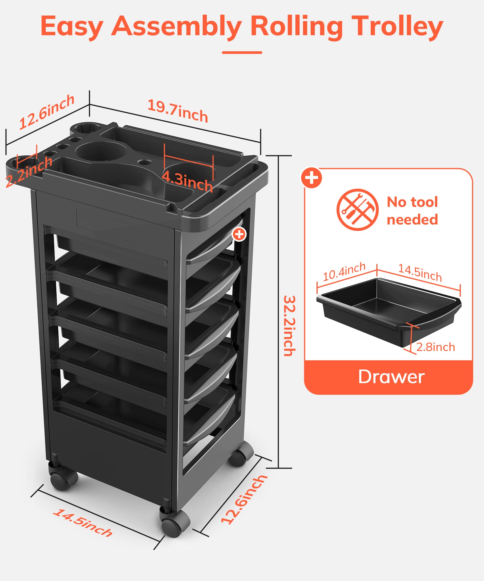 TASALON Budget Hair Styling Salon Trolley Cart with Wheels and 5 Drawers, Salon Rolling Cart for Extra Hairdresser Storage, Tool Free Rolling Salon Cart for Hair Stylist, Hairdresser, Beauty, Tattoo