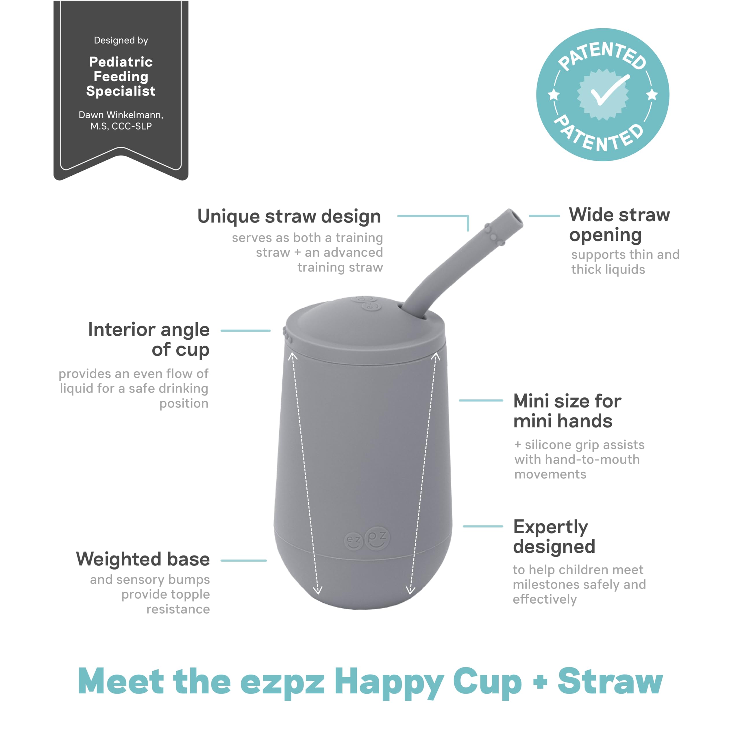 ezpz Happy Cup + Straw System - 24 months+ (Gray) - 100% Silicone Cup + Straw for Older Toddler + Preschoolers