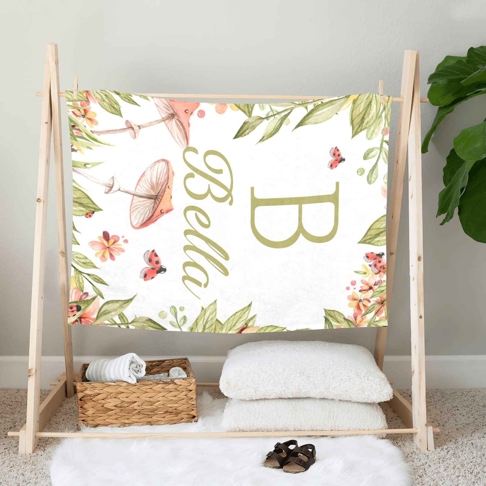 Leaves Mushroom Ladybird Personalized Monogramed Baby Shower Blanket for Baby Girl Boy, Custom Name Soft Warm Newborn Throw Blanket 30X40 in