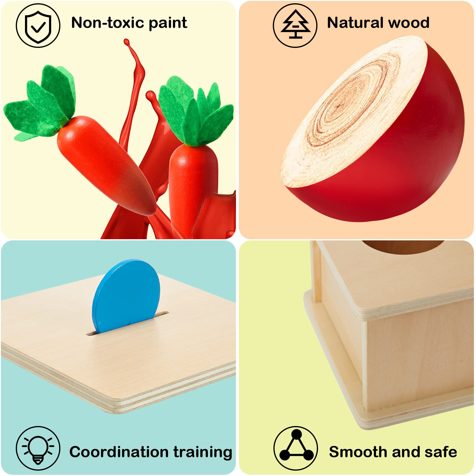 Yunsailing 3 Set Montessori Toys Object Permanence Box with Tray Three Balls Coin Box with Five Coins Carrots Harvest Developmental Game Wooden Toys Montessori Baby Toys for Infant